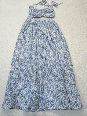 Mable Blue White Floral 2 Piece Set Crop Top Smocked Maxi Skirt S